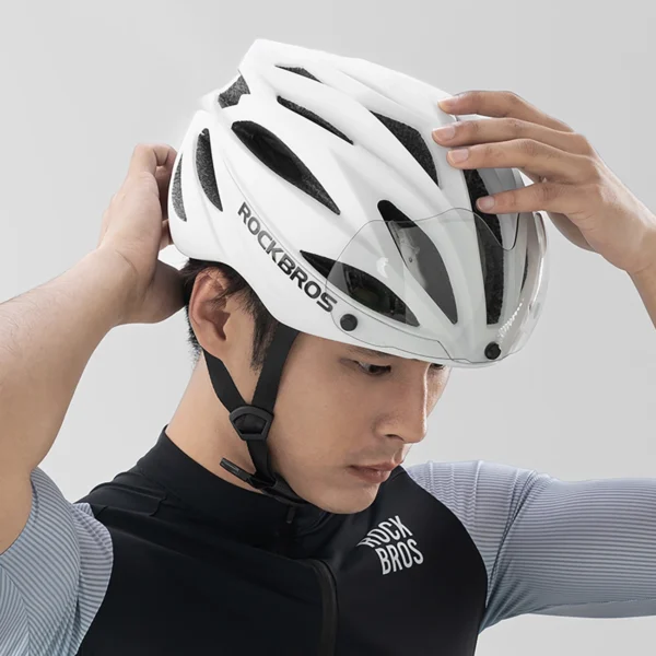Rockbros Bike Helmet with Visor, Detachable UV Protective Goggles, Unisex, Matte - Whiteeng