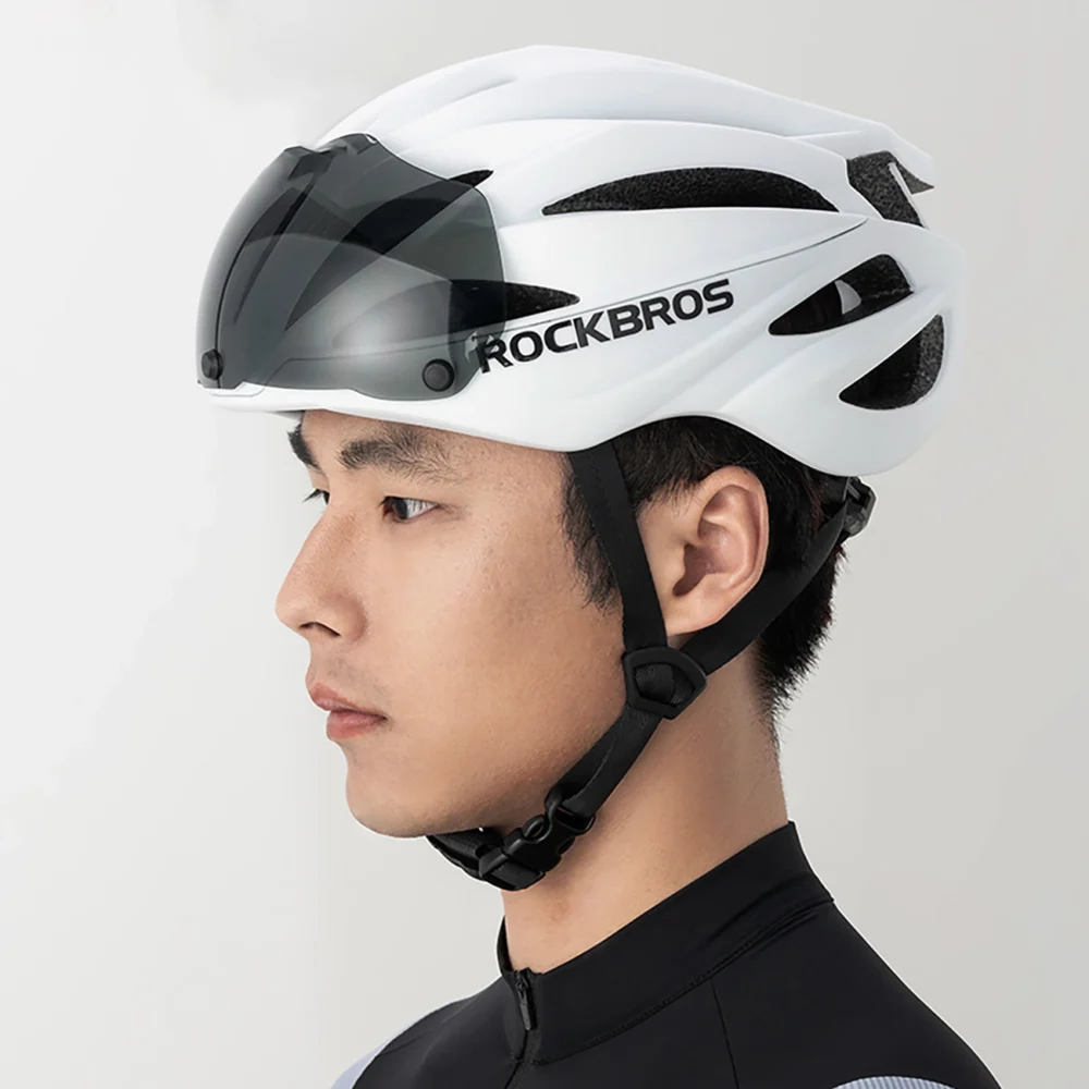 Rockbros Bike Helmet with Visor, Detachable UV Protective Goggles, Unisex, Matte - Whiteeng