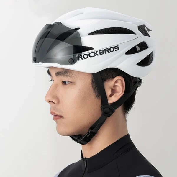Rockbros Bike Helmet with Visor, Detachable UV Protective Goggles, Unisex, Matte - Whiteeng