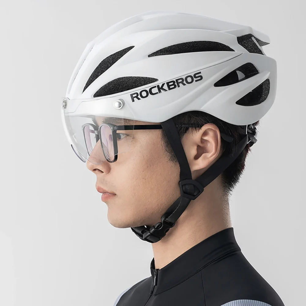 Rockbros Bike Helmet with Visor, Detachable UV Protective Goggles, Unisex, Matte - Whiteeng