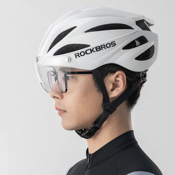 Rockbros Bike Helmet with Visor, Detachable UV Protective Goggles, Unisex, Matte - Whiteeng