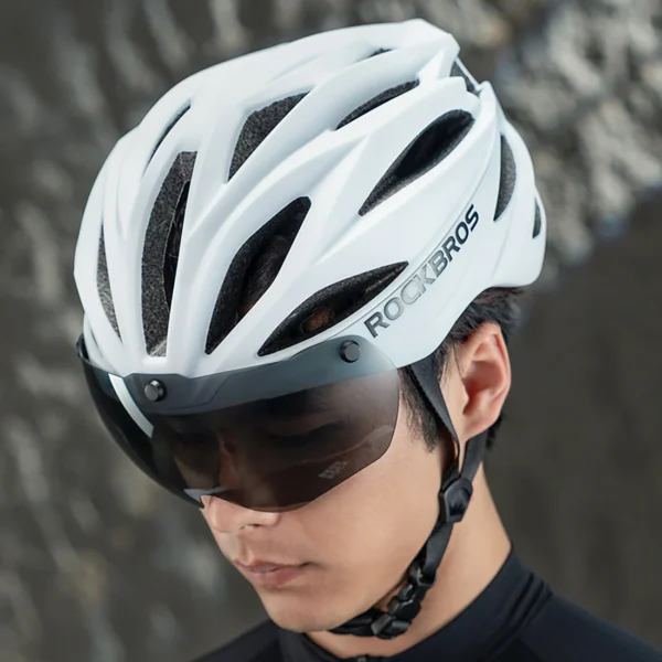 Rockbros Bike Helmet with Visor, Detachable UV Protective Goggles, Unisex, Matte - Whiteeng