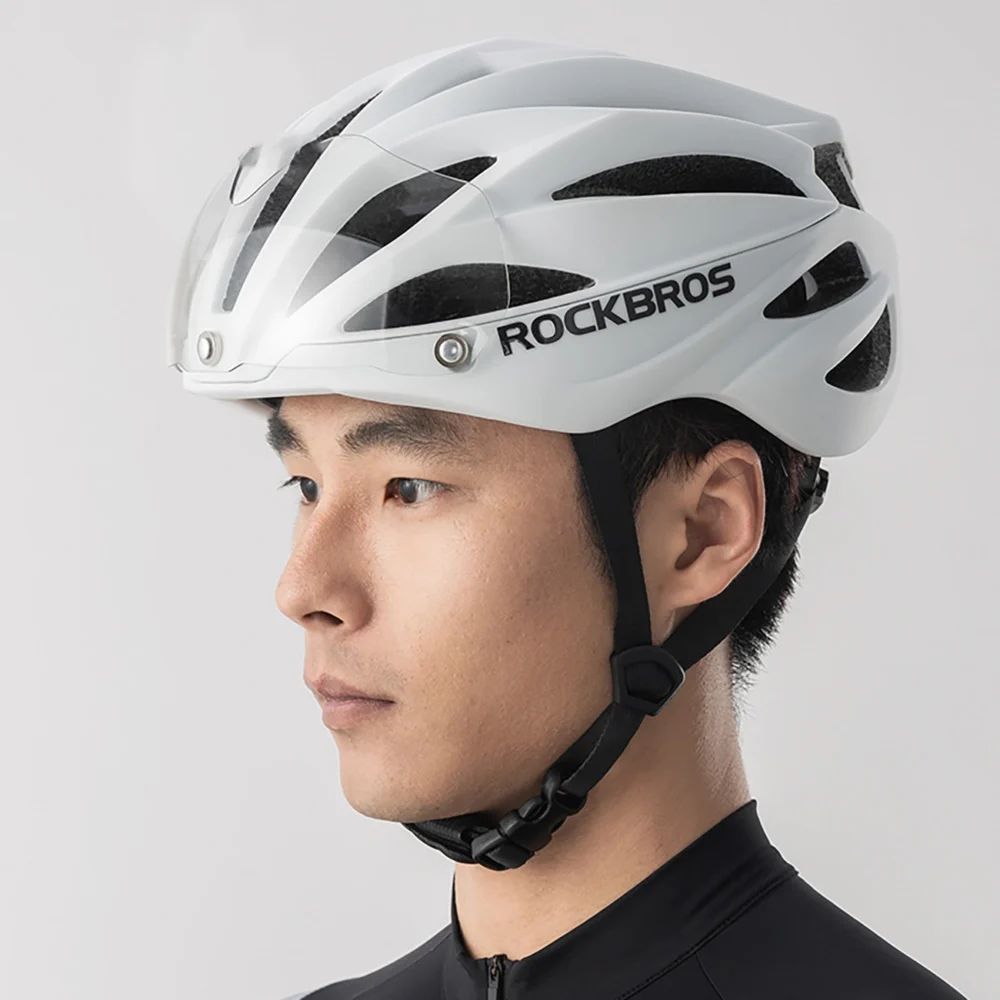 Rockbros Bike Helmet with Visor, Detachable UV Protective Goggles, Unisex, Matte - Whiteeng