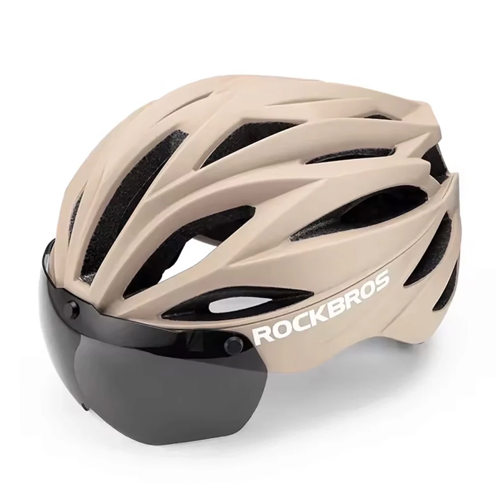 Rockbros Bike Helmet with Visor, Detachable UV Protective Goggles, Unisex - Browneng