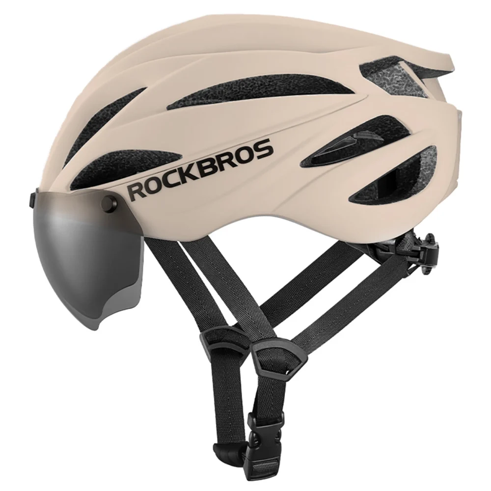 Rockbros Bike Helmet with Visor, Detachable UV Protective Goggles, Unisex - Browneng