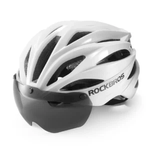 Rockbros Bike Helmet with Visor, Detachable UV Goggles, Unisex, Glossy - Whiteeng
