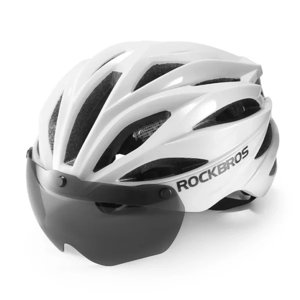 Rockbros Bike Helmet with Visor, Detachable UV Goggles, Unisex, Glossy - Whiteeng