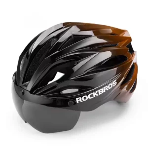 Rockbros Bike Helmet with Visor, Detachable UV Protective Goggles, Unisex - Black/Browneng