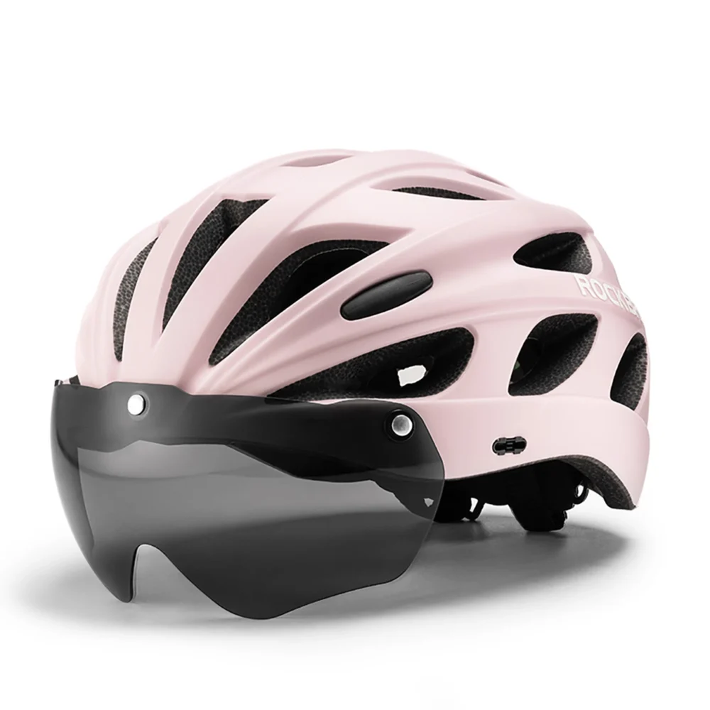 Rockbros Bike Helmet with Visor, Detachable UV Goggles, Detachable Visor, Unisex - Pinkeng