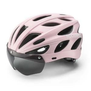 Rockbros Bike Helmet with Visor, Detachable UV Goggles, Detachable Visor, Unisex - Pinkeng