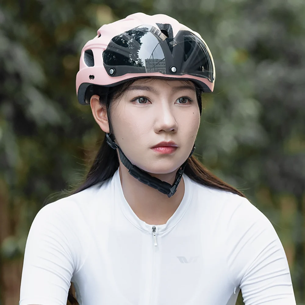 Rockbros Bike Helmet with Visor, Detachable UV Goggles, Detachable Visor, Unisex - Pinkeng