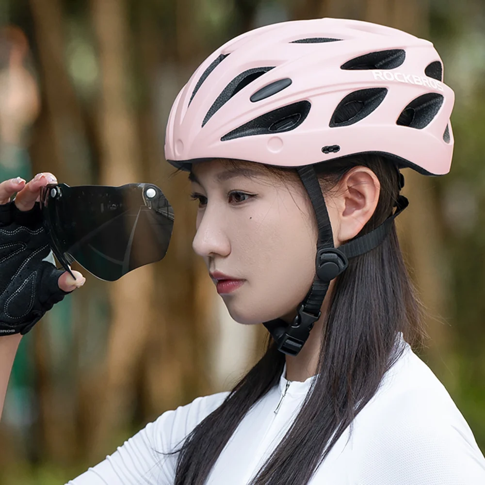 Rockbros Bike Helmet with Visor, Detachable UV Goggles, Detachable Visor, Unisex - Pinkeng