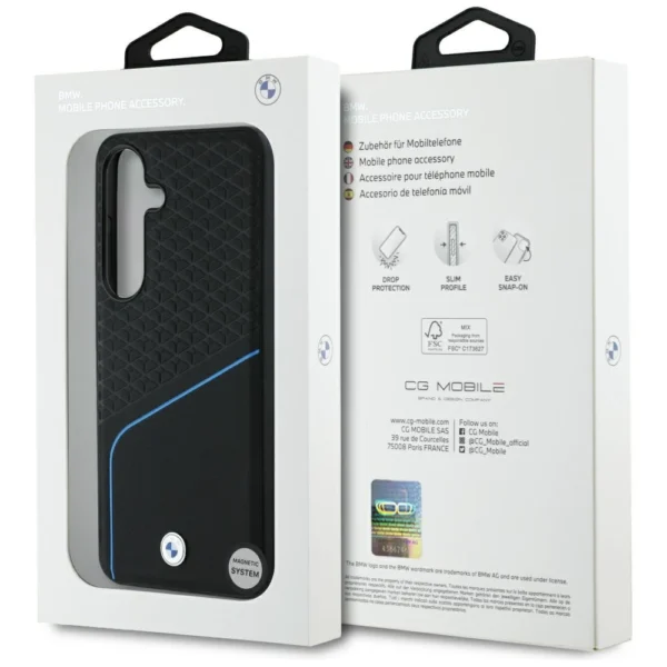 BMW Leather Textured and Smooth MagSafe Case for Samsung Galaxy S25 - Blackeng