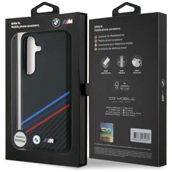 BMW Leather Tricolor Crossing Stripes MagSafe Case for Samsung Galaxy S25 - Blackeng