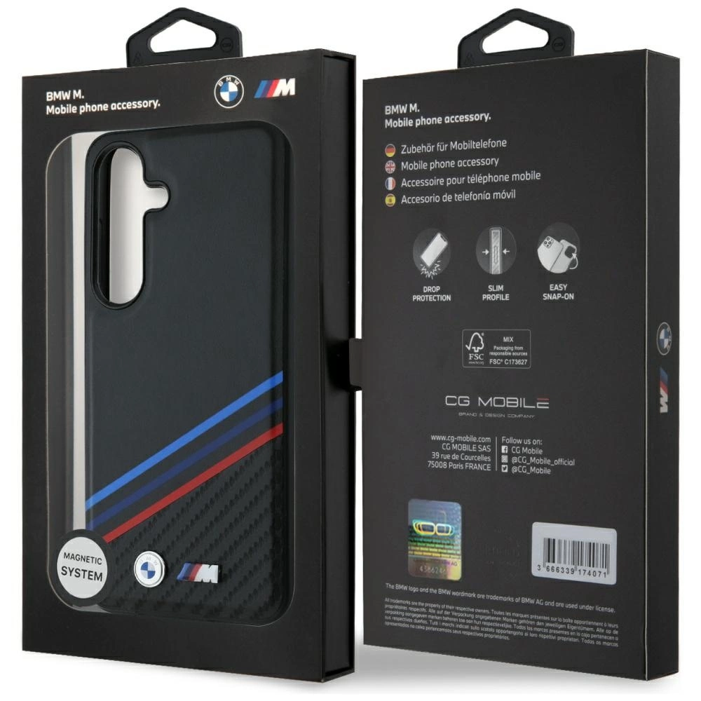 BMW Leather Tricolor Crossing Stripes MagSafe Case for Samsung Galaxy S25 - Blackeng