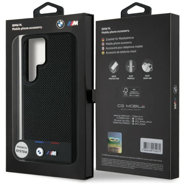 BMW Leather Tricolor Stripe MagSafena Samsung Galaxy S25 Ultra Case - Blackeng