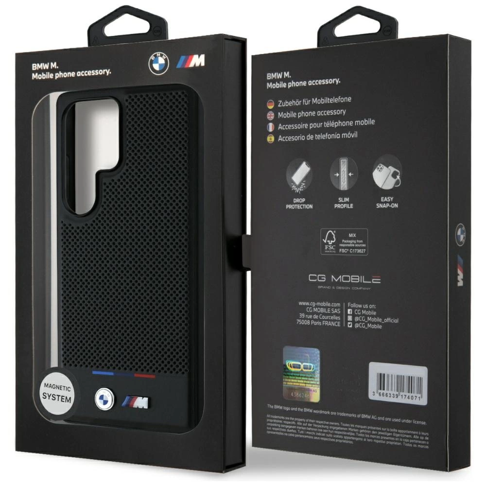 BMW Leather Tricolor Stripe MagSafena Samsung Galaxy S25 Ultra Case - Blackeng