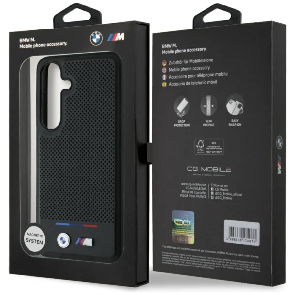 BMW Leather Tricolor Stripe MagSafe Case for Samsung Galaxy S25+ - Blackeng