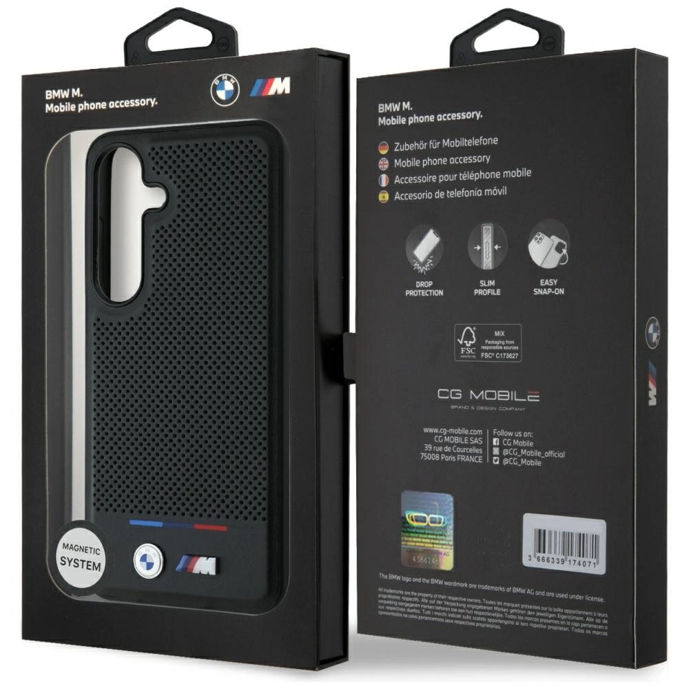 BMW Leather Tricolor Stripe MagSafe Case for Samsung Galaxy S25+ - Blackeng