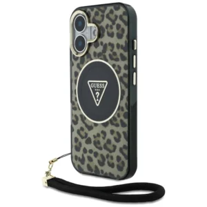 Guess HC IML Leopard Triangle Cord Strap MagSafe iPhone 16 Case - Browneng
