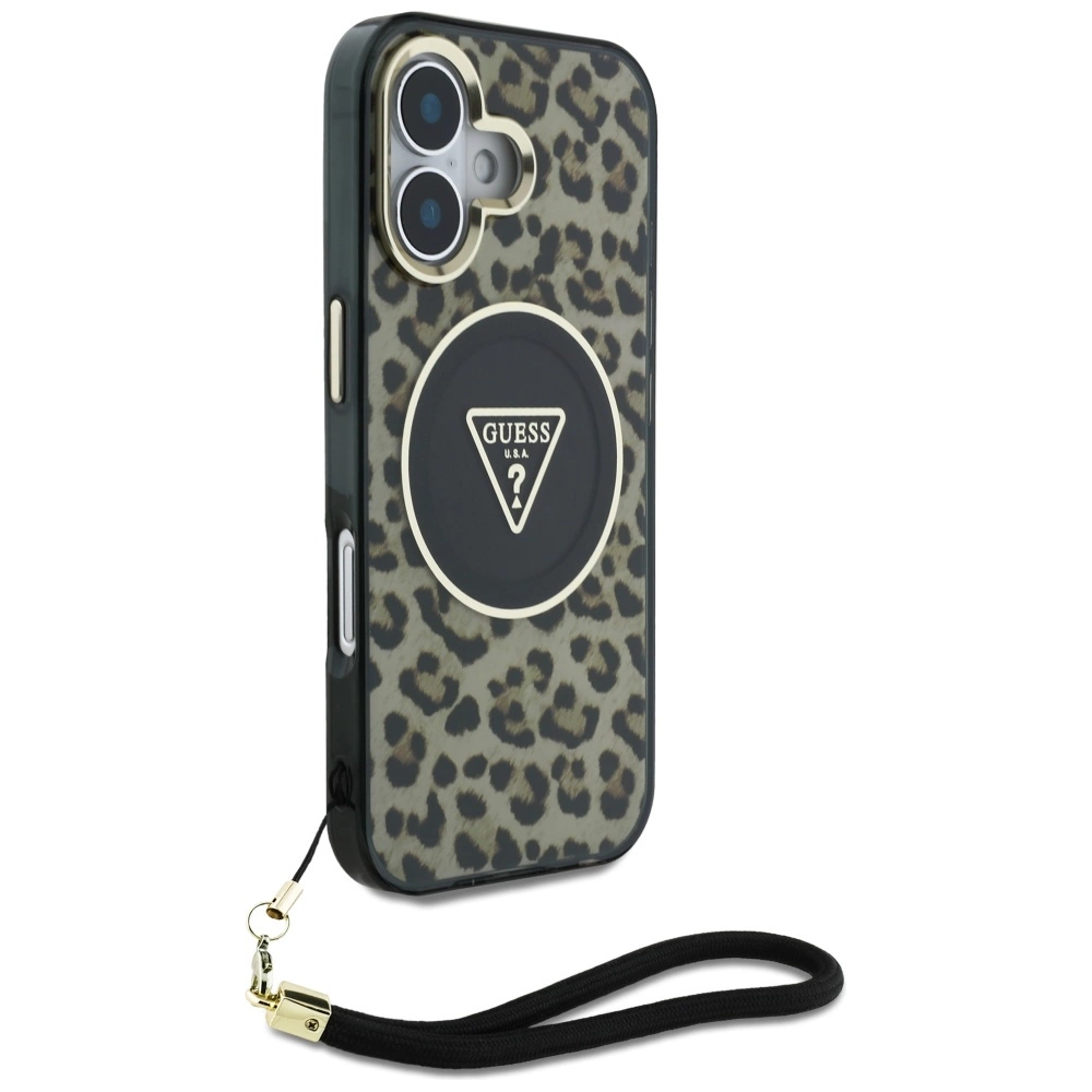Guess HC IML Leopard Triangle Cord Strap MagSafe iPhone 16 Case - Browneng