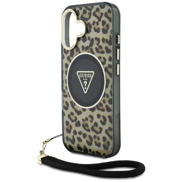 Guess HC IML Leopard Triangle Cord Strap MagSafe iPhone 16 Case - Browneng
