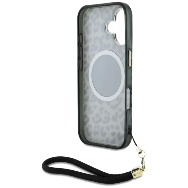 Guess HC IML Leopard Triangle Cord Strap MagSafe iPhone 16 Case - Browneng