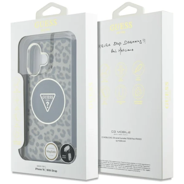 Guess HC IML Leopard Triangle Cord Strap MagSafe iPhone 16 Case - Browneng