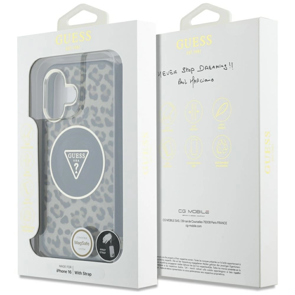 Guess HC IML Leopard Triangle Cord Strap MagSafe iPhone 16 Case - Browneng