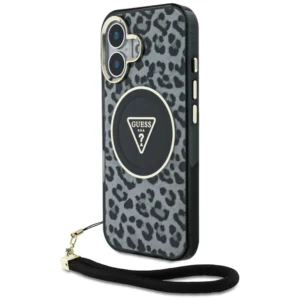 Guess HC IML Leopard Triangle Cord Strap MagSafe case for iPhone 16 - blackeng