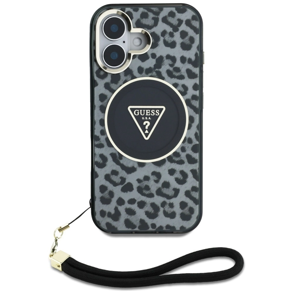 Guess HC IML Leopard Triangle Cord Strap MagSafe case for iPhone 16 - blackeng