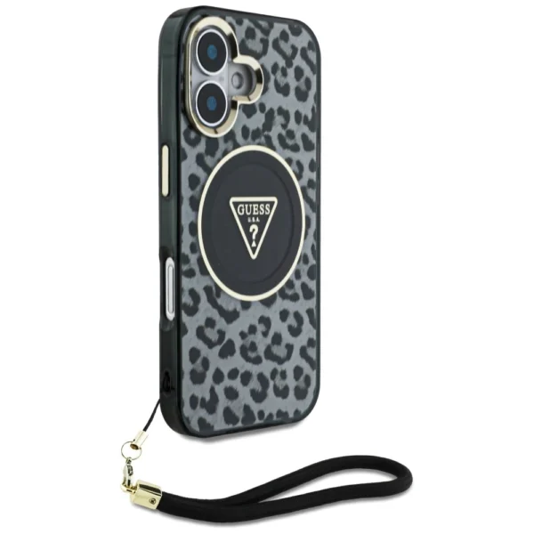 Guess HC IML Leopard Triangle Cord Strap MagSafe case for iPhone 16 - blackeng