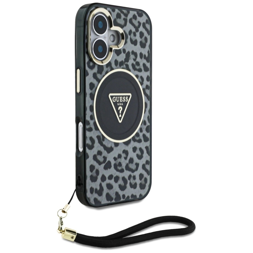 Guess HC IML Leopard Triangle Cord Strap MagSafe case for iPhone 16 - blackeng