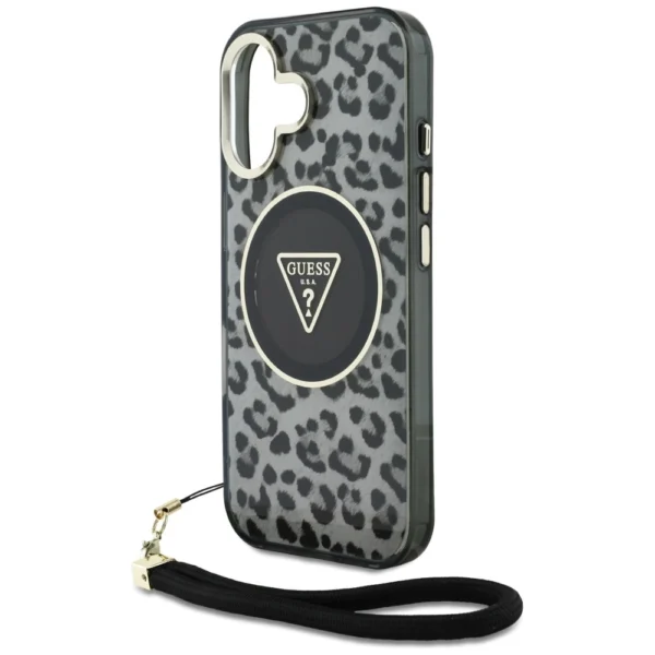 Guess HC IML Leopard Triangle Cord Strap MagSafe case for iPhone 16 - blackeng