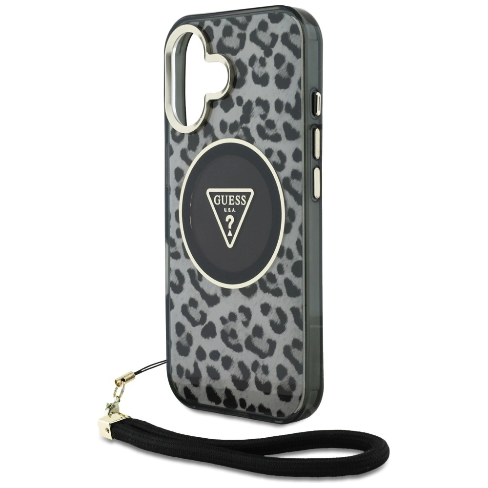 Guess HC IML Leopard Triangle Cord Strap MagSafe case for iPhone 16 - blackeng