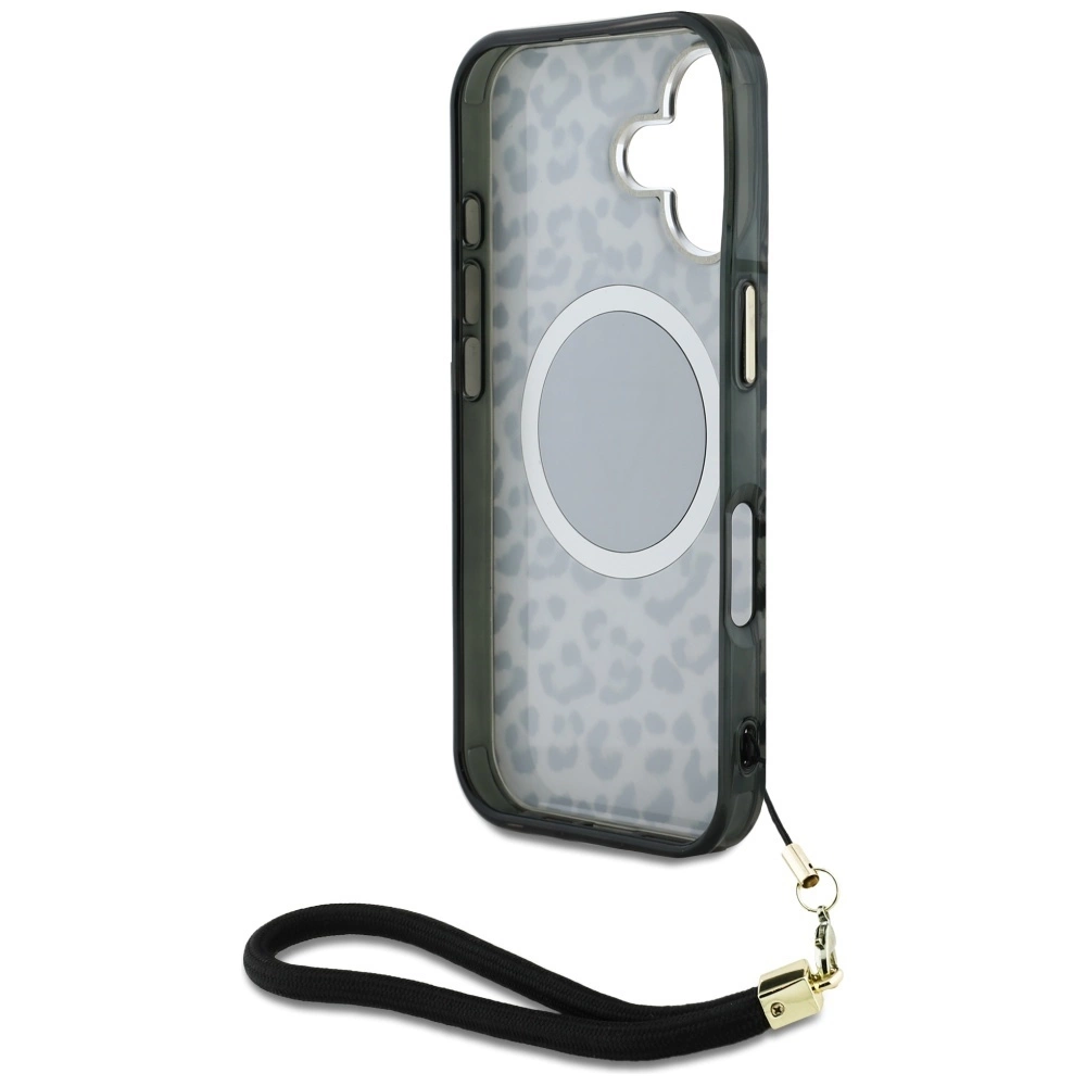 Guess HC IML Leopard Triangle Cord Strap MagSafe case for iPhone 16 - blackeng
