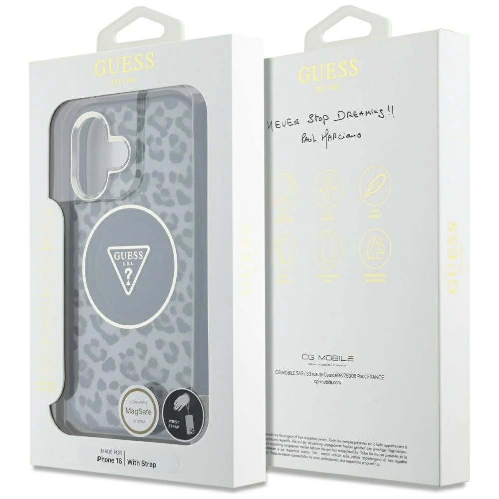 Guess HC IML Leopard Triangle Cord Strap MagSafe case for iPhone 16 - blackeng