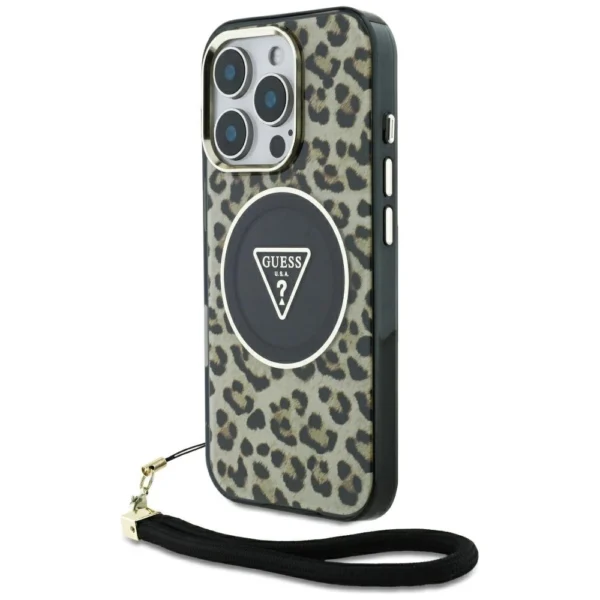 Guess HC IML Leopard Triangle Cord Strap MagSafe Case for iPhone 16 Pro - Browneng