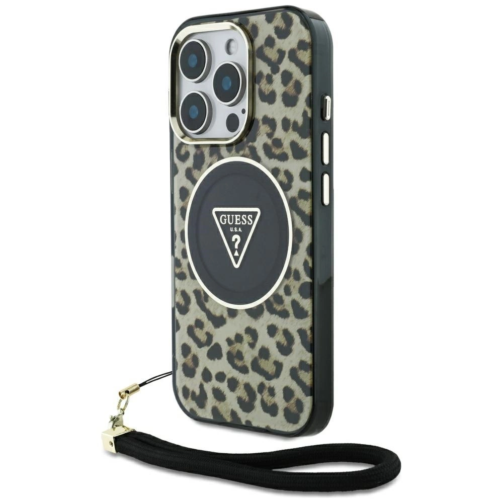 Guess HC IML Leopard Triangle Cord Strap MagSafe Case for iPhone 16 Pro - Browneng