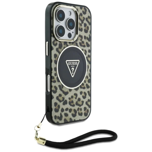 Guess HC IML Leopard Triangle Cord Strap MagSafe Case for iPhone 16 Pro - Browneng