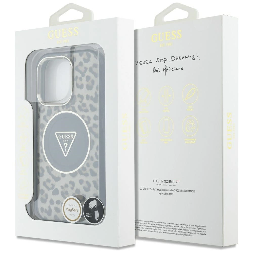 Guess HC IML Leopard Triangle Cord Strap MagSafe Case for iPhone 16 Pro - Browneng