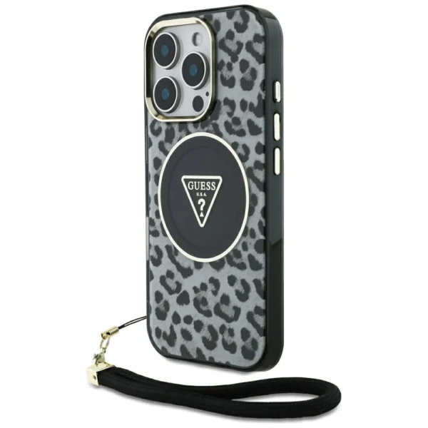 Guess HC IML Leopard Triangle Cord Strap MagSafe Case for iPhone 16 Pro - Blackeng
