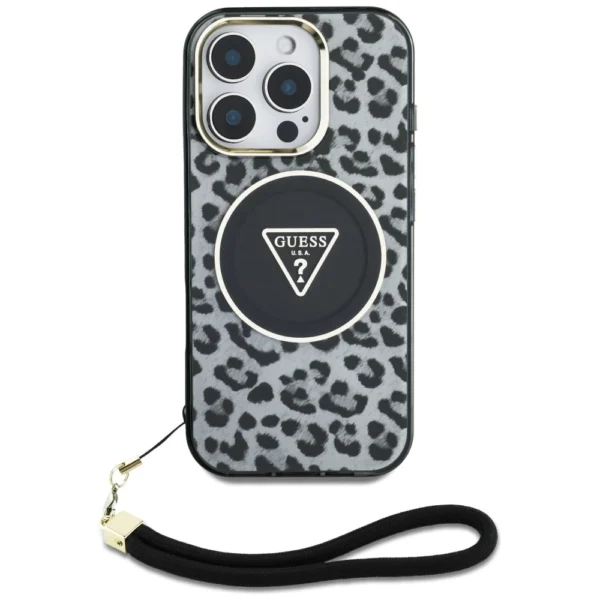 Guess HC IML Leopard Triangle Cord Strap MagSafe Case for iPhone 16 Pro - Blackeng