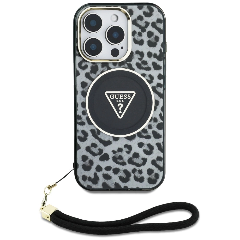 Guess HC IML Leopard Triangle Cord Strap MagSafe Case for iPhone 16 Pro - Blackeng