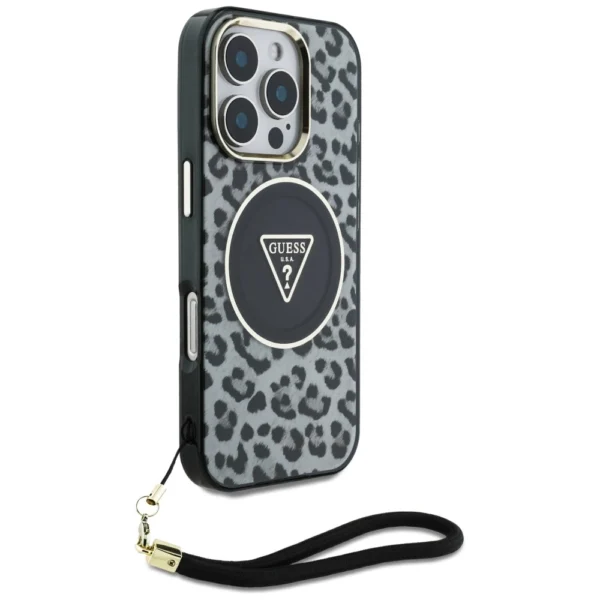 Guess HC IML Leopard Triangle Cord Strap MagSafe Case for iPhone 16 Pro - Blackeng