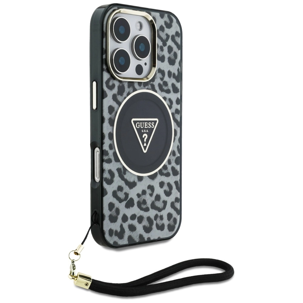 Guess HC IML Leopard Triangle Cord Strap MagSafe Case for iPhone 16 Pro - Blackeng