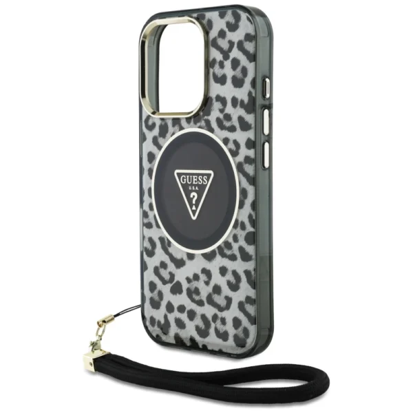 Guess HC IML Leopard Triangle Cord Strap MagSafe Case for iPhone 16 Pro - Blackeng