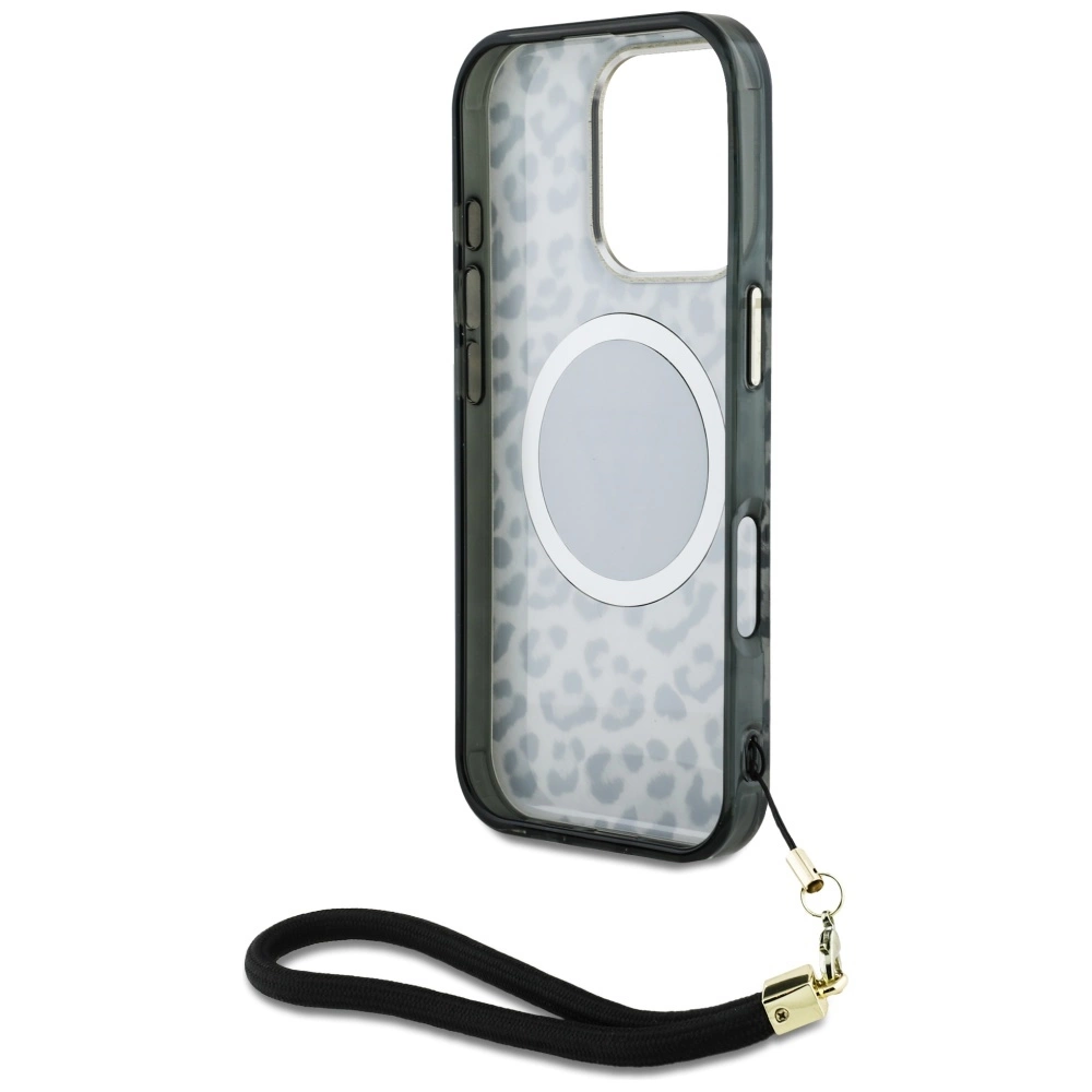 Guess HC IML Leopard Triangle Cord Strap MagSafe Case for iPhone 16 Pro - Blackeng