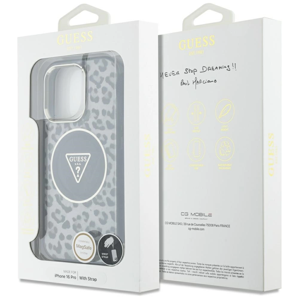Guess HC IML Leopard Triangle Cord Strap MagSafe Case for iPhone 16 Pro - Blackeng