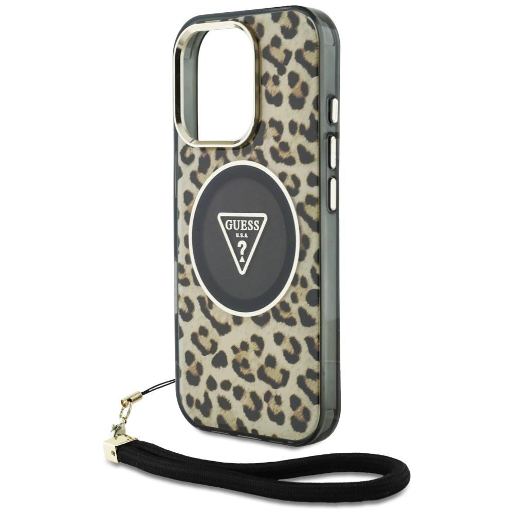 Guess HC IML Leopard Triangle Cord Strap MagSafe Case for iPhone 16 Pro Max - Browneng